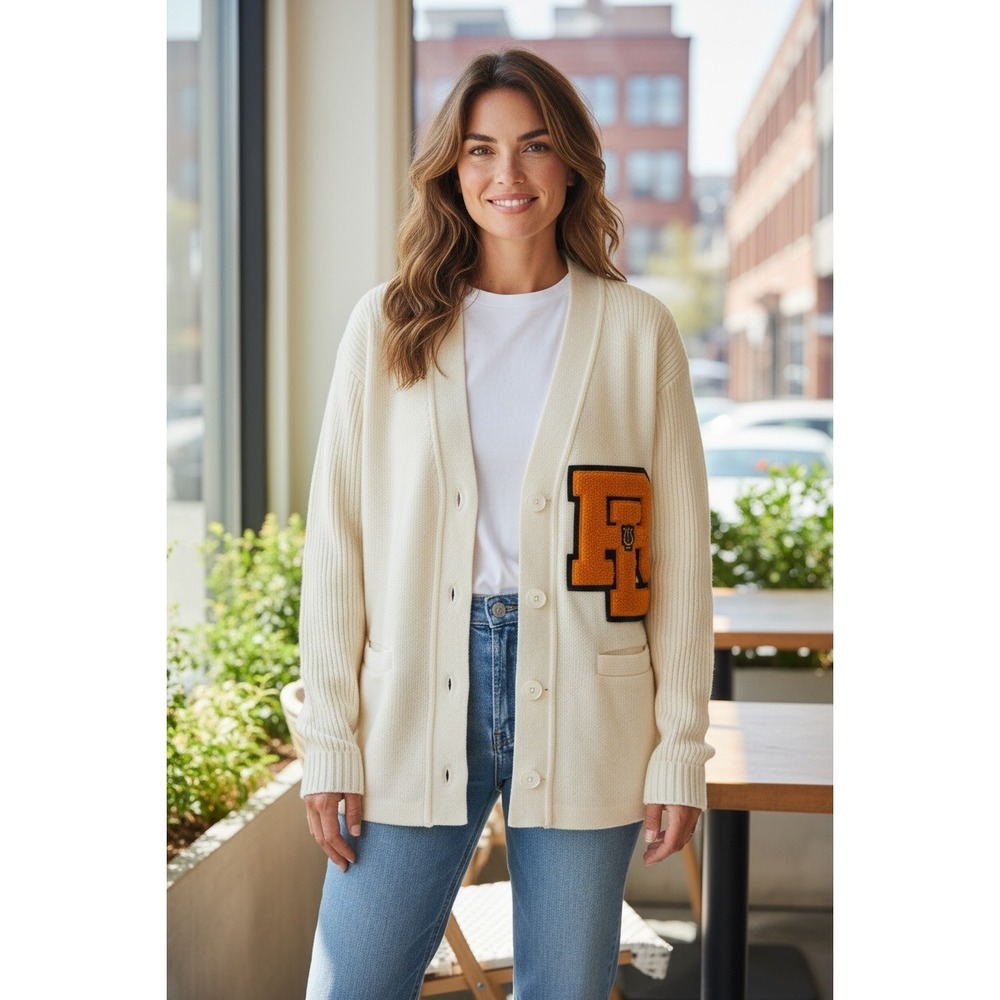 Vintage Varsity Cardigan Sweater Cream RL‎ Chenille Patch Retro Official 36